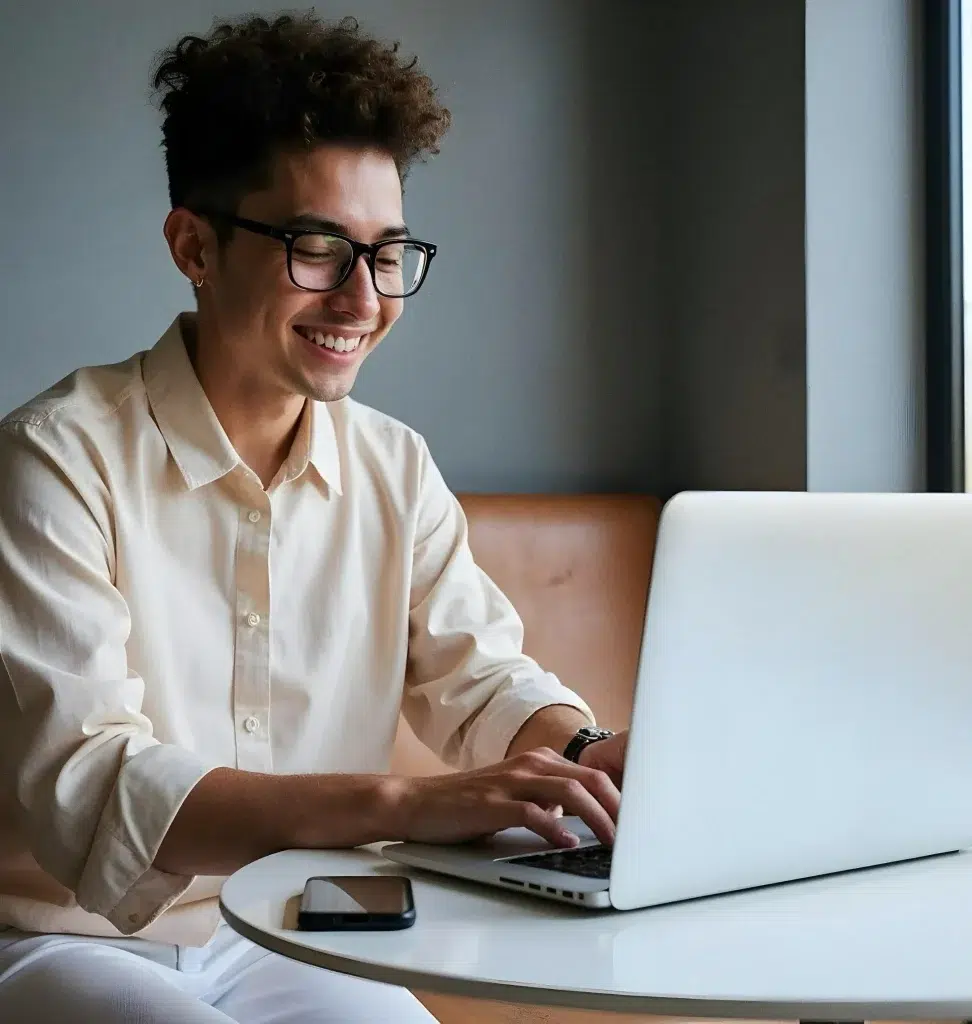 Young Man Smiling While Using Laptop